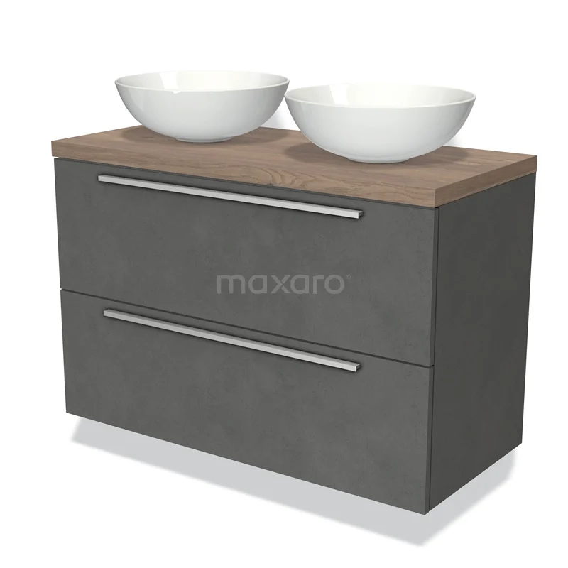 Grijs badkamermeubel met houtlook blad, twee witte keramische waskommen en twee lades met metalen handgrepen.