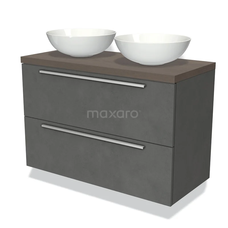 Badkamermeubel met 2 witte waskommen, antraciet kast, houtlook blad, modern ontwerp met strakke handgrepen.
