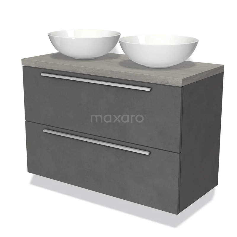 Grijze wastafelmeubel set met twee witte waskommen, modern design, geschikt voor een stijlvolle badkamerinrichting.