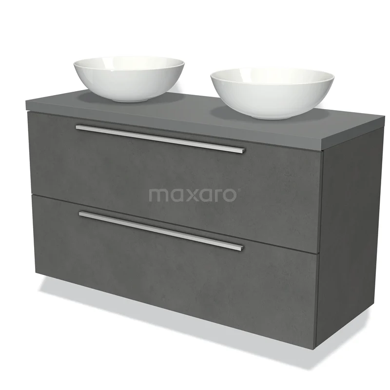 Badmöbel für Waschtischunterschrank mit Konsole 120cm Modulo Plato Dunkelgrauer Beton 2 Schubladen Flach Mittelgrau Platte BMK17-01793 Graue Badmöbelset mit doppelten Aufsatzwaschbecken, schlichten metallischen Haltegriffen und modernem Design.