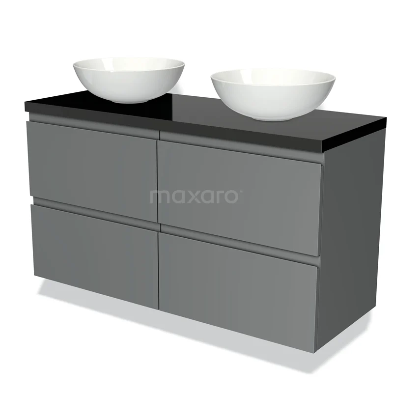 Badmöbel für Waschtischunterschrank mit Konsole 120cm Modulo Plato Mittelgrau 4 Schubladen grifflos Hochglanz Schwarz Platte BMK18-00167 Graue Badmöbelset mit schwarzer Glasplatte, doppelten weißen Aufsatzwaschbecken und Schubladeneinteilung für moderne Badezimmerlagerung.