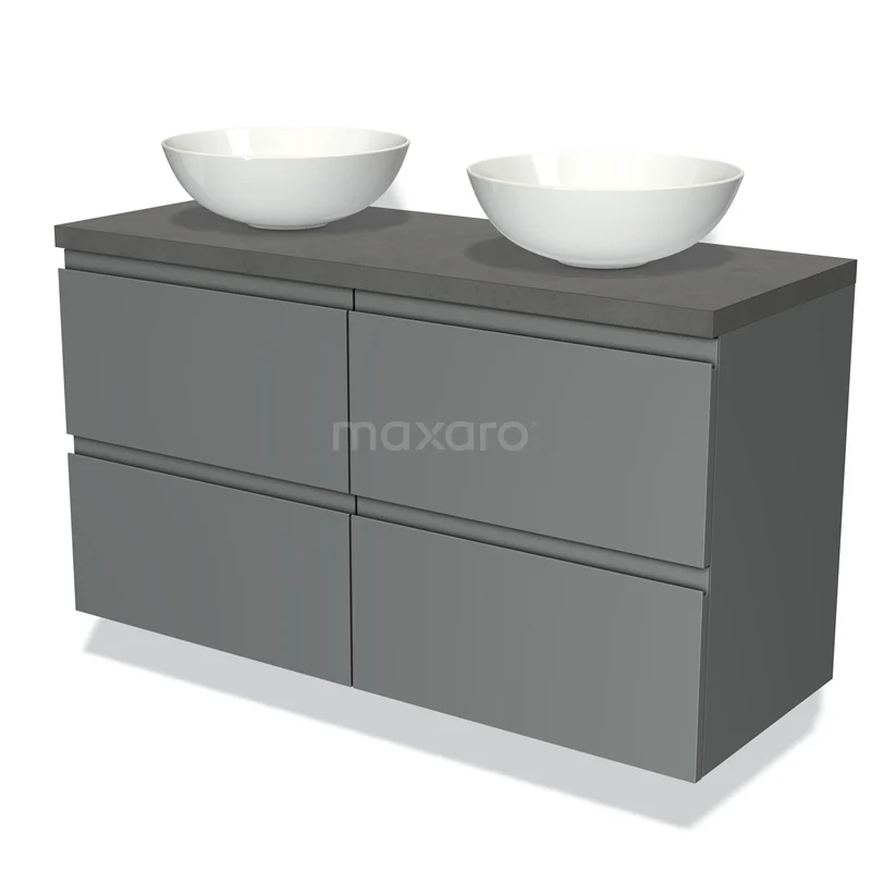 Grey bathroom furniture set with double basins in white, modern design and sleek drawer fronts.