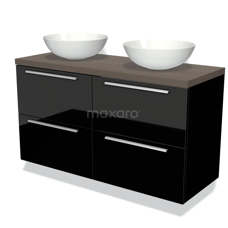 Modulo Plato Vanity units for countertop basin | 120 cm High-gloss black Flat front Dark brown oak worktop 4 drawers BMK18-00336