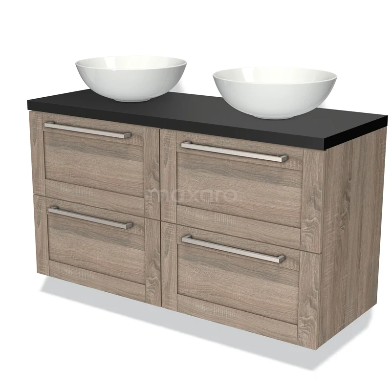 Houten badkamermeubel met vier lades, zwarte wastafelblad en twee witte waskommen, ideaal voor moderne badkamers.