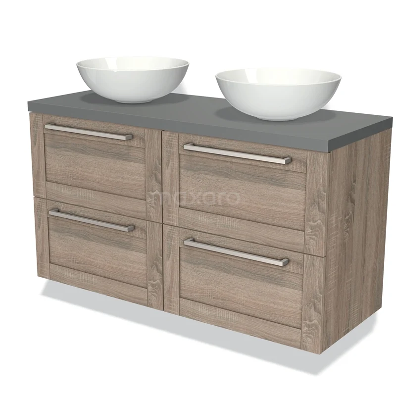 Houten badkamermeubel met grijs blad, dubbele witte waskom, vier lades met metalen grepen voor moderne badkameropslag.