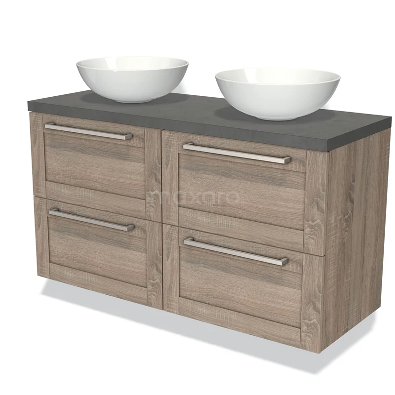 Houten badkamermeubel met grijze wastafelblad, dubbele waskommen en ladegrepen, ideaal voor een moderne badkamerstijl.