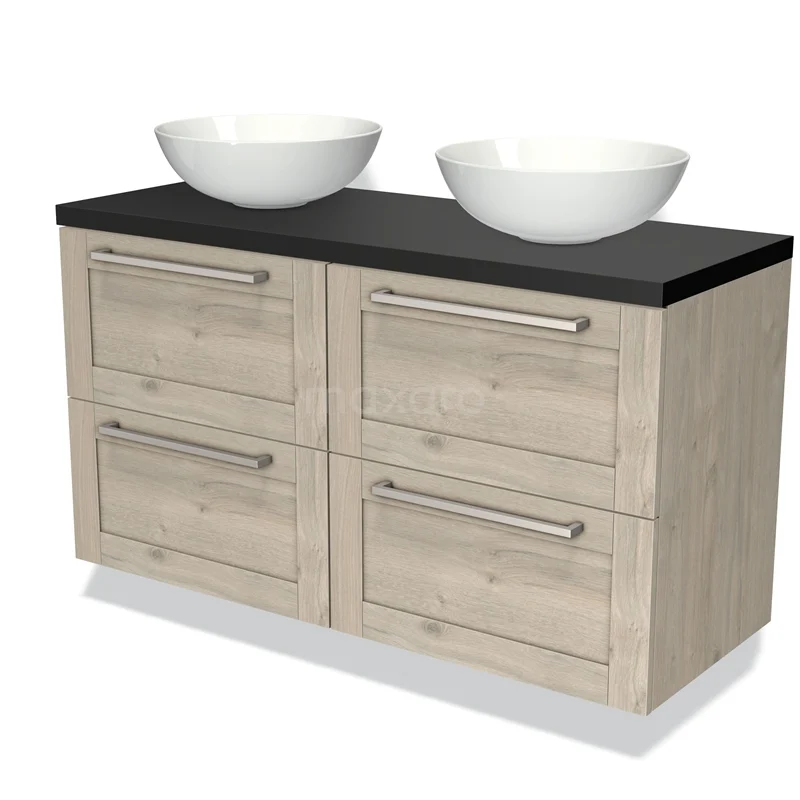 Houten badkamermeubel met 4 lades, zwart blad en 2 witte komvormige wasbakken, ideaal voor een moderne badkamer.