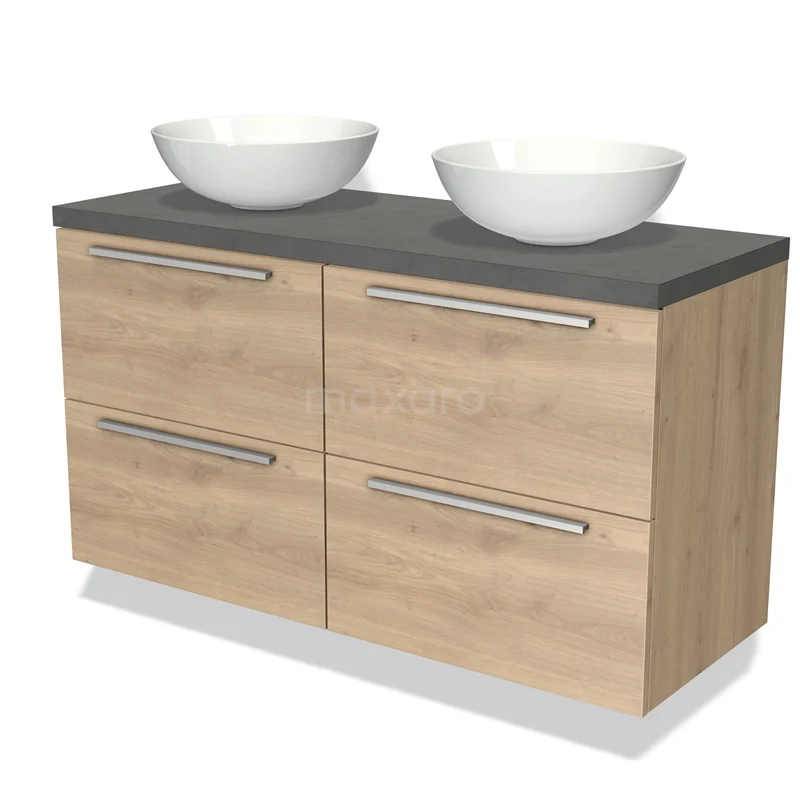Houten badkamermeubel met vier lades, grijs blad en twee witte waskommen, ideaal voor een moderne badkamer inrichting.