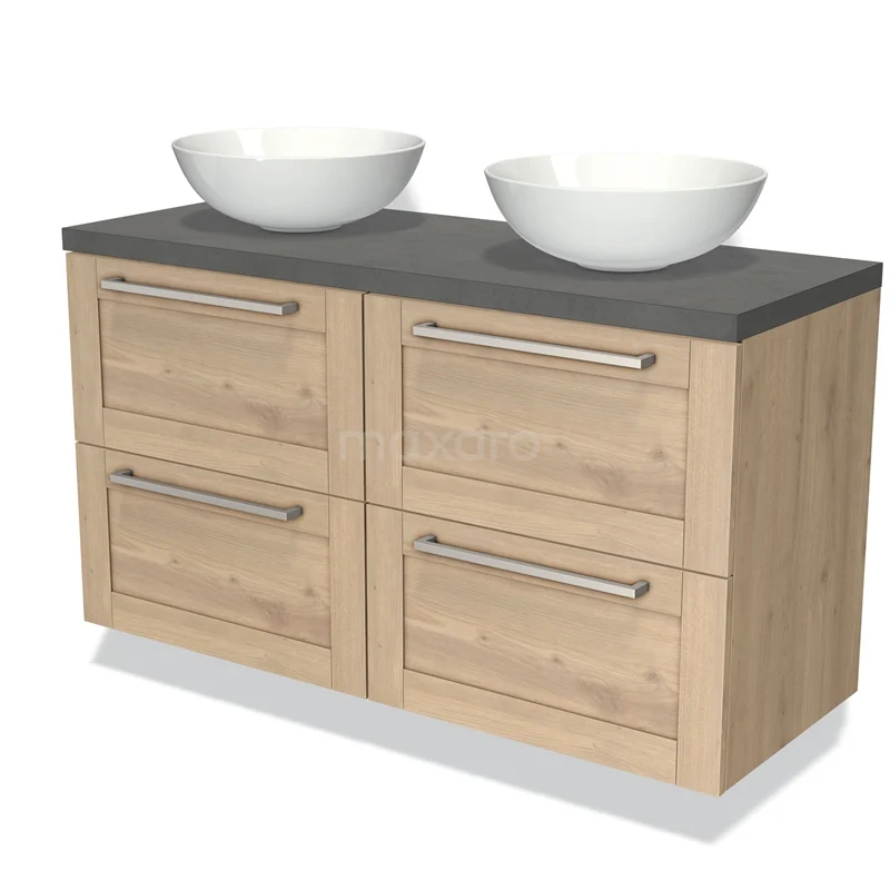 Houten badkamermeubel met dubbele waskommen, antraciet blad en vier lades, modern design.