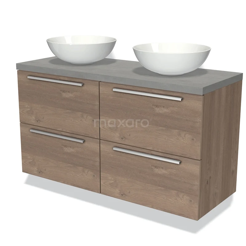 Wooden bathroom unit with grey Basin worktop and double white basin worktops, fitted with four drawers with metal handles.