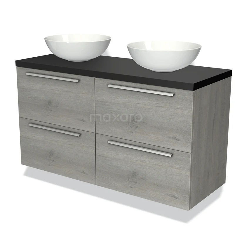 Grijze houten badkamermeubel met dubbele wastafel, zwarte bovenkant en metalen handgrepen, modern design.