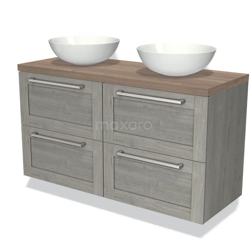 Modulo Plato Vanity units for countertop basin | 120 cm Grey oak Bordered front Mid brown oak worktop 4 drawers BMK18-00497 Wooden bathroom unit with grey drawers, double countertop wash basin and modern design, ideal for practical and stylish bathroom design.