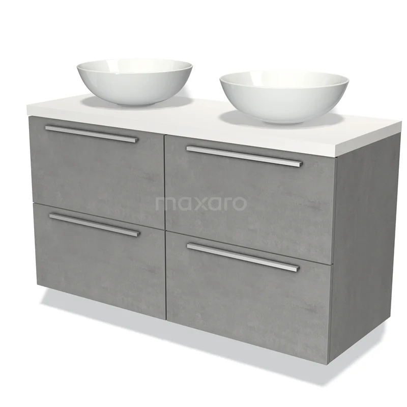 Grey vanity set with double countertop wash basins, modern design, four drawers and chrome handles for stylish bathroom storage.