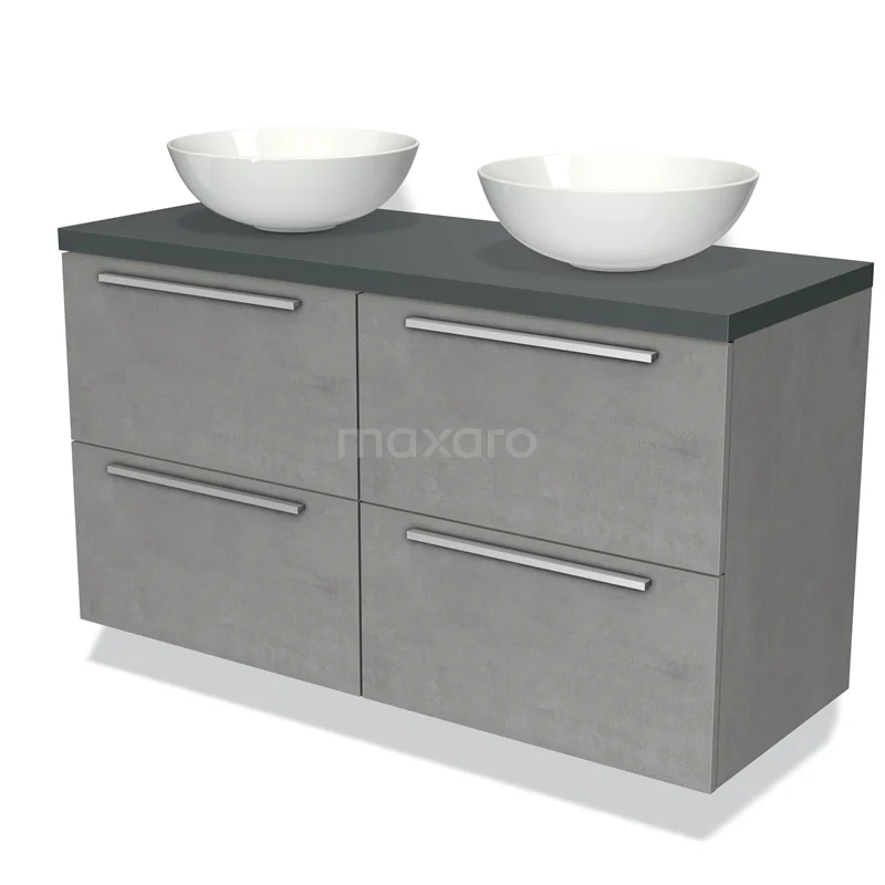 Grey bathroom furniture set with double basin design, concrete-look finish and four drawers for practical storage space.