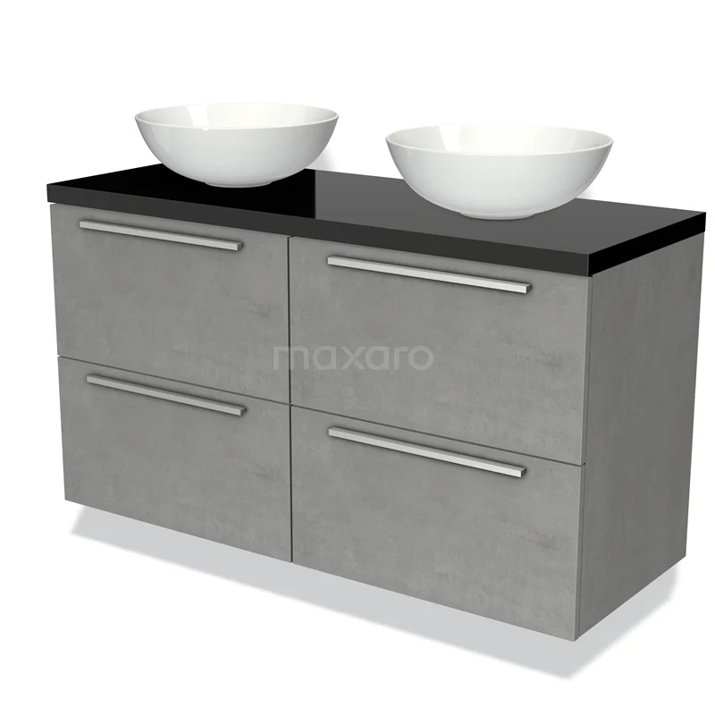 Grey wash basin set with four drawers, black worktop and two white countertop wash basins, ideal for modern bathrooms.