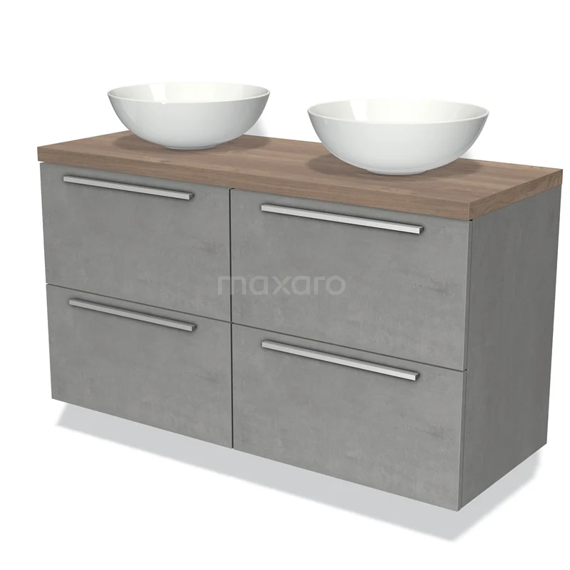 Badmöbel für Aufsatzwaschbecken 120cm Modulo Plato Hellgrauer Beton 4 Schubladen Flach Mittelbraune Eiche Blatt BMK18-00513 Graue Badmöbelset mit Holzplatte, doppelten Aufsatzwaschbecken und vier Schubladen, modernes Design.