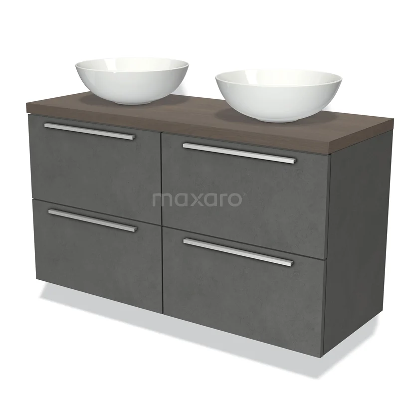 Modulo Plato Vanity units for countertop basin | 120 cm Dark grey concrete Flat front Dark brown oak worktop 4 drawers BMK18-00527