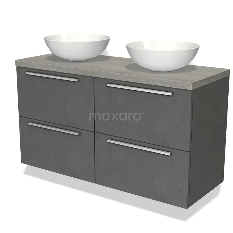 Modulo Plato Vanity units for countertop basin | 120 cm Dark grey concrete Flat front Grey oak worktop 4 drawers BMK18-00528