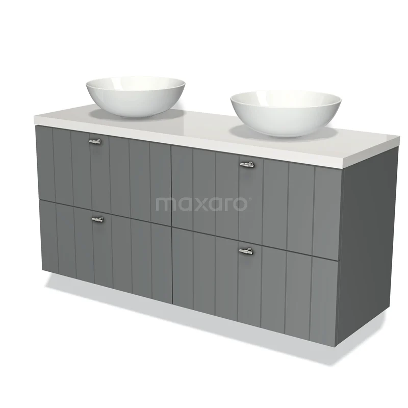Badmöbel für Waschtischunterschrank mit Konsole 140cm Modulo Plato Mittelgrau 4 Schubladen Schiefer Hochglanz Weiß Platte BMK18-00573 Graue Holz-Badmöbelset mit Doppelwaschbecken, modernes Design, geeignet für stilvolle Badezimmergestaltung.