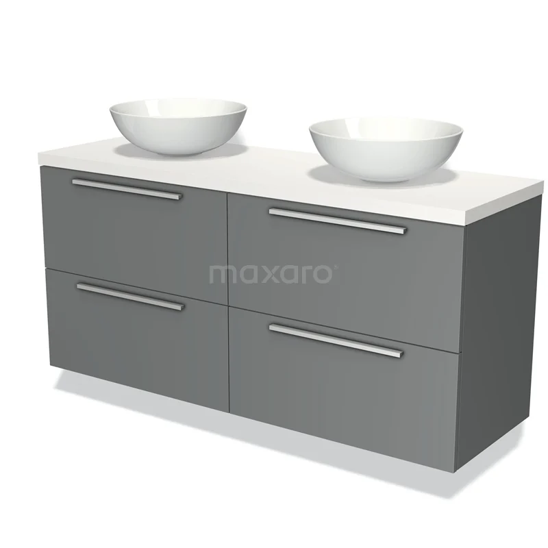 Grey bathroom unit with double chest of drawers, white ceramic vanity units for countertop wash basins and sleek design, perfect for modern bathrooms.