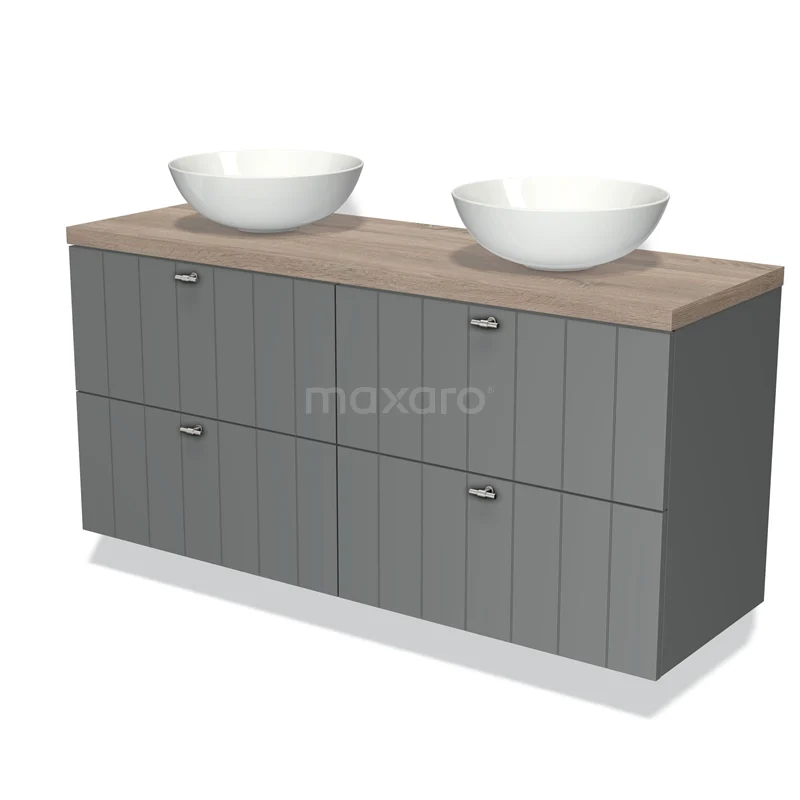 Grey double vanity unit with wood-look worktop and white top bowls, ideal for a modern bathroom.