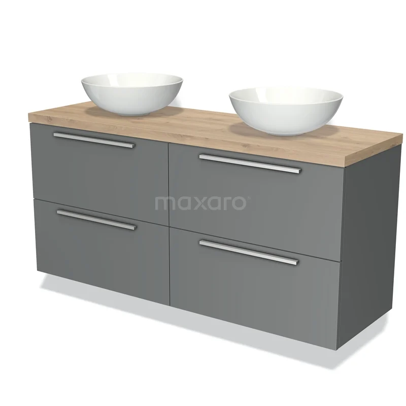 Grijze badkamermeubelset met houten blad, dubbele waskommen en vier lades, modern design.