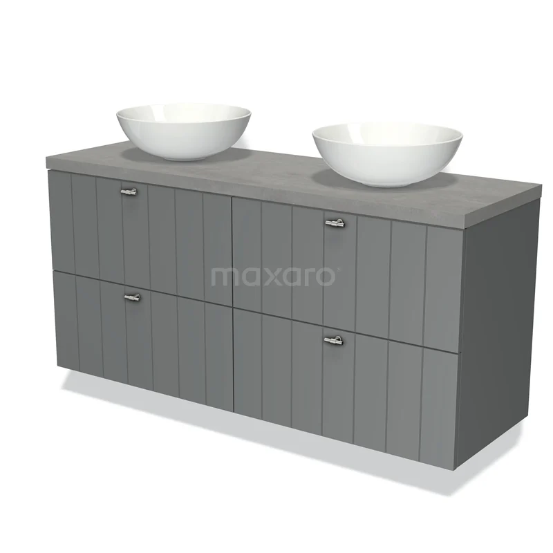 Grijze dubbele wastafelmeubel met verticale lijnen en twee witte, ronde waskommen; modern badkamerdesign.