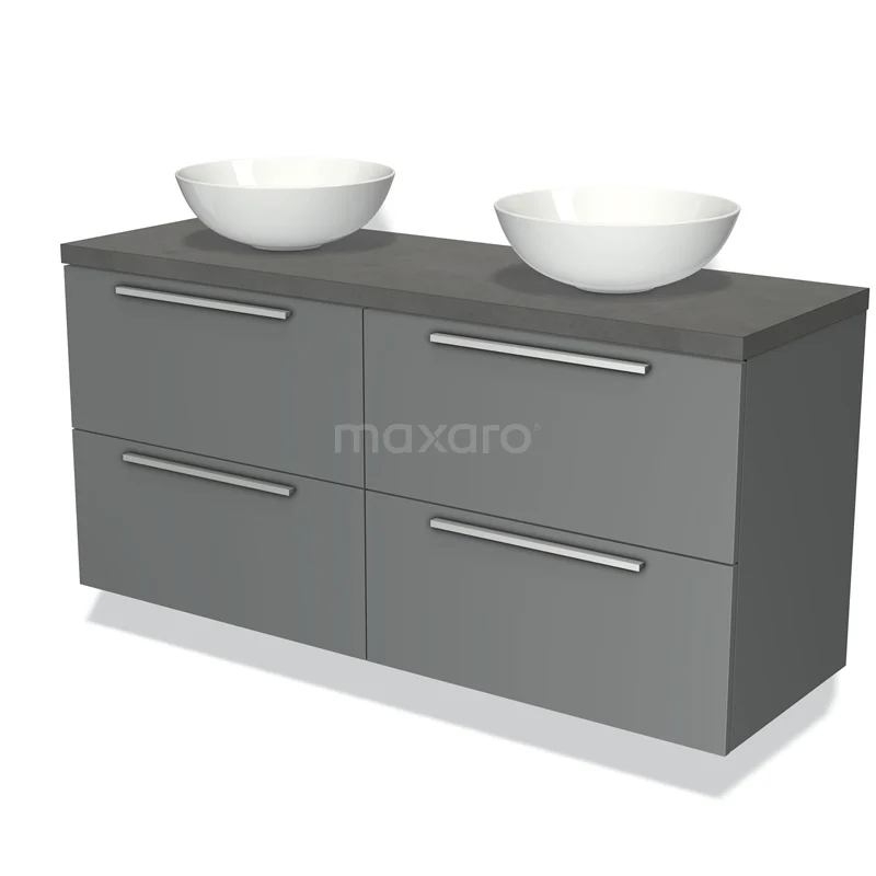Grijs badkamermeubel met dubbele waskommen, modern design, brede opberglades en antraciet blad van hoogwaardig materiaal.