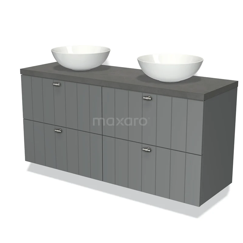 Grijze badkamermeubelset met dubbele witte waskommen, houtstructuur fronten en ruime opberglades voor een moderne badkamer.