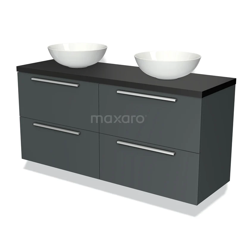 Donkergrijze badkamermeubel met dubbele waskommen, strakke lades en chique glazen afwerking, perfect voor moderne badkamers.
