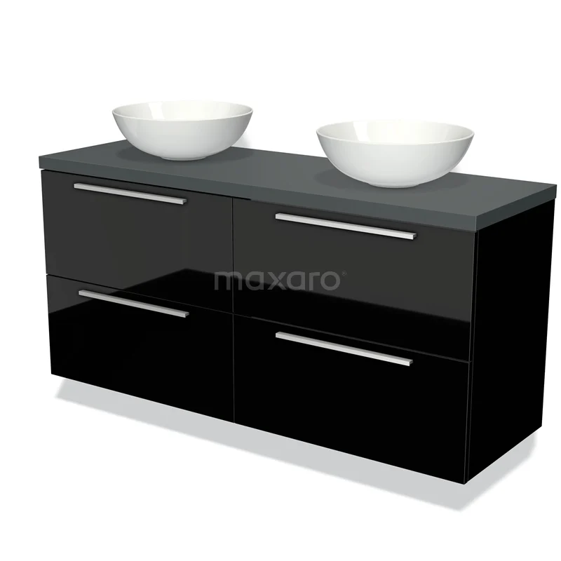 Zwarte hoogglans badkamermeubelset met twee witte ovale waskommen en vier lades, modern design.