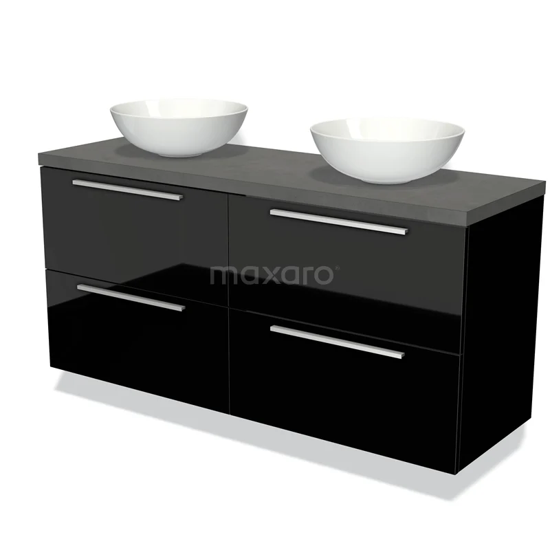 Zwarte glanzende badkamerkast met dubbele waskommen, vier lades en een grijze bovenblad, ideaal voor moderne badkamers.