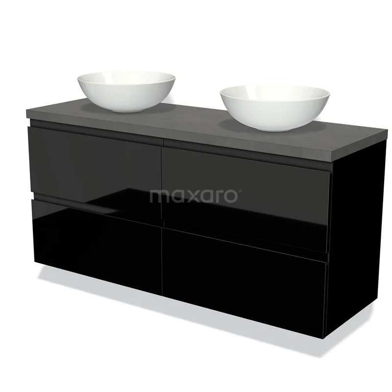 Zwart hoogglans badkamermeubel met dubbele wastafel in ronde komvorm, modern design en duurzaam materiaal.