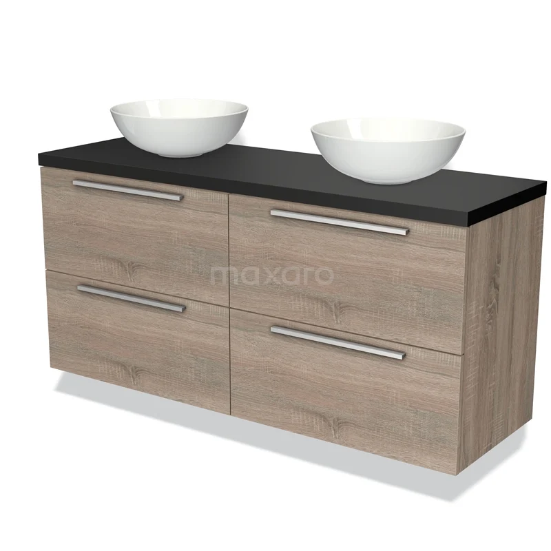 Houten badkamermeubel met dubbele waskommen, zwart blad en metalen handgrepen, modern design voor stijlvolle badkamers.