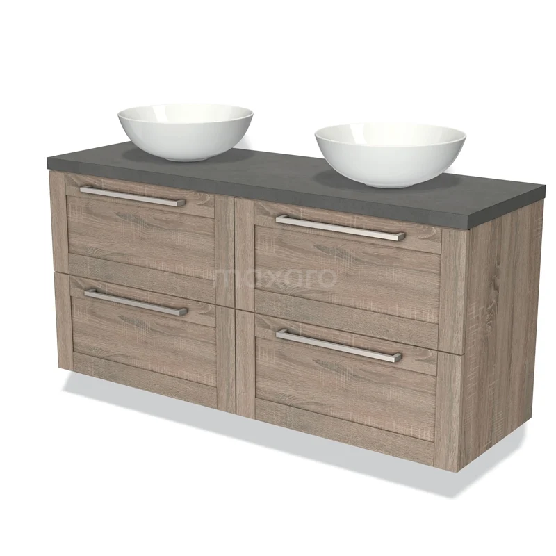 Houten badkamermeubel met dubbel wastafelblad, lade-indeling en moderne, gladde afwerking in natuurlijk eikenlook.