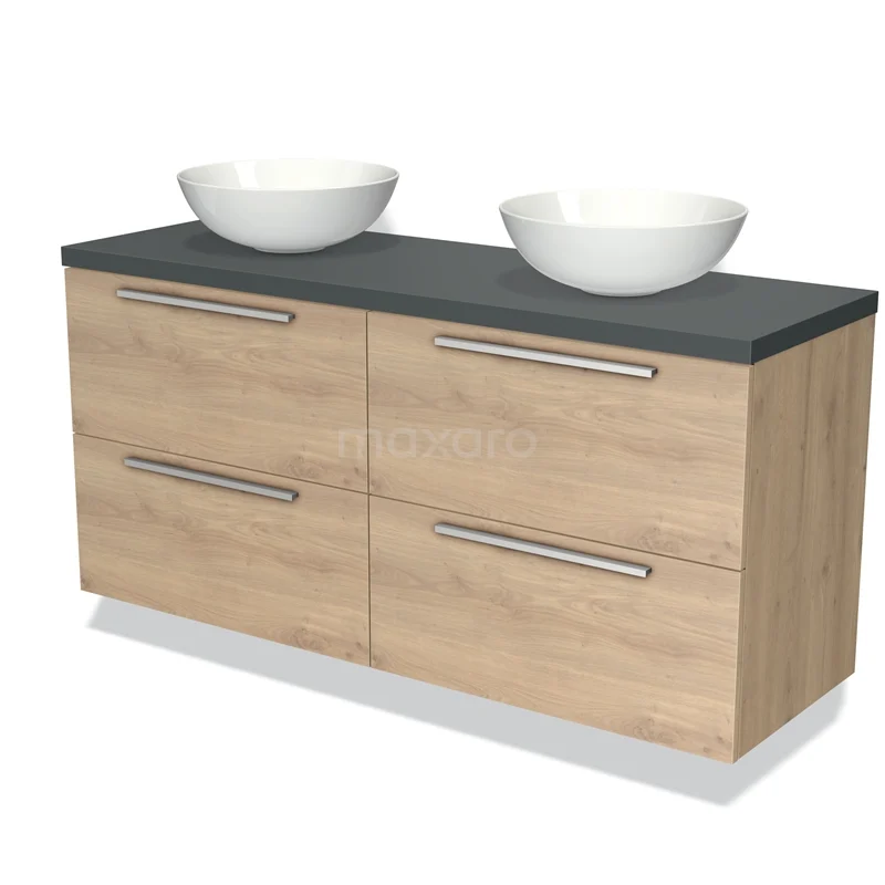 Badmöbel für Aufsatzwaschbecken 140cm Modulo Plato Hellbraune Eiche 4 Schubladen Flach Dunkelgrau Platte BMK18-00824 Holz Badezimmermöbel mit Doppelwaschbecken, Grau Platte, modernen Schubladen und stilvollen Metallgriffen.