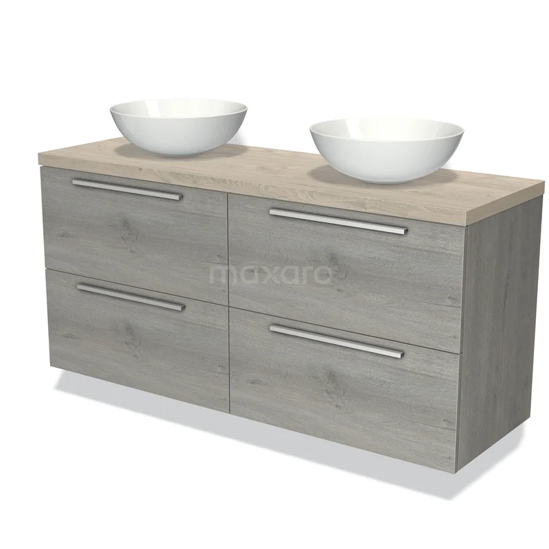 Modulo Plato Badmöbel mit Aufsatzwaschbecken | 140 cm Graue Eiche Flach front Hellgraue Eiche blatt 4 Schubladen BMK18-00908 Holz Badezimmermöbel mit Naturlook, zwei Aufsatzwaschbecken und vier Schubladen, perfekt für eine moderne und praktische Badezimmergestaltung.