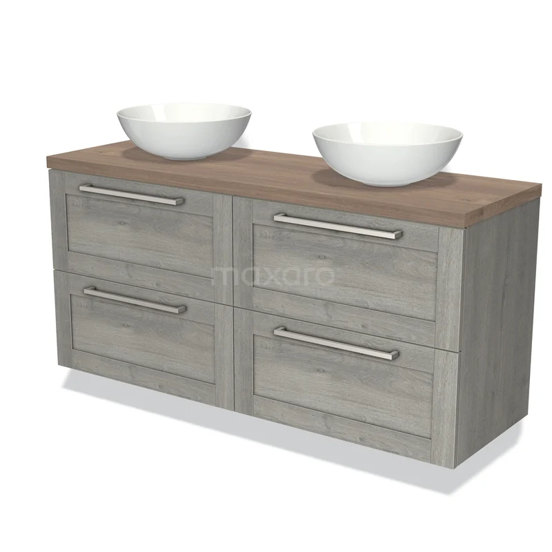 Grijs houten badkamermeubel met vier lades, twee witte waskommen en een warm eiken blad; stijlvol en modern.