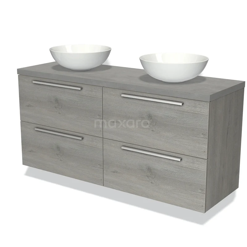 Grijze houten badkamermeubel met twee witte waskommen, vier lades en chromen grepen, modern ontwerp van de Oak-serie.
