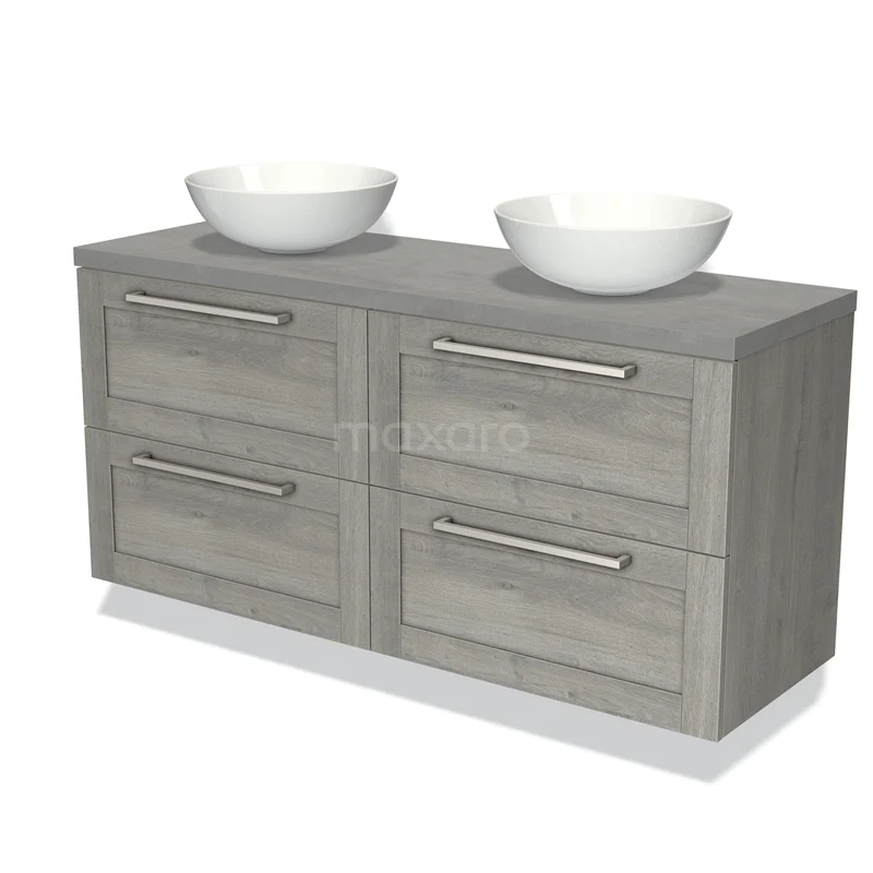 Houten badkamermeubel met grijze afwerking en dubbele waskommen, modern design, ideaal voor stijlvolle badkamerinrichting.