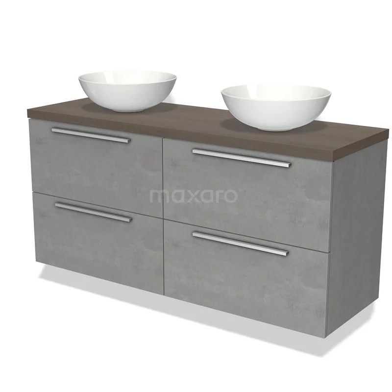 Modulo Plato Vanity units for countertop basin | 140 cm Light grey concrete Flat front Dark brown oak worktop 4 drawers BMK18-00930