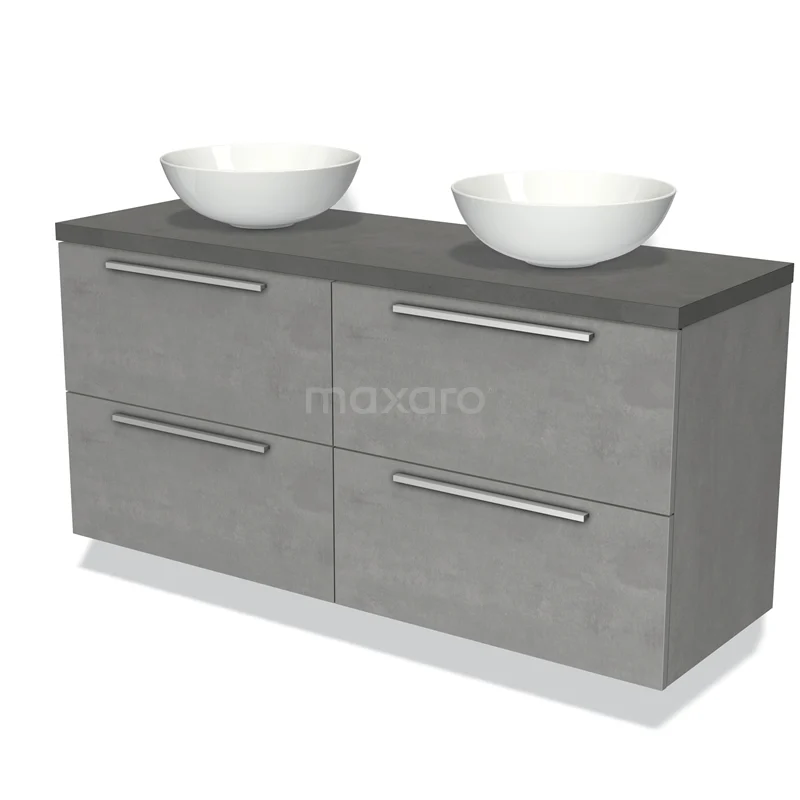 Modulo Plato Badmöbel mit Aufsatzwaschbecken | 140 cm Hellgrauer Beton Flach front Dunkelgrauer Beton blatt 4 Schubladen BMK18-00932 Graue Badmöbelset mit doppelten Aufsatzwaschbecken, anthrazit Platte und metallischen Griffen, schlichtes und modernes Design.