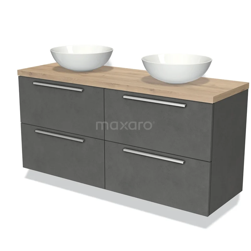 Grijze badmeubelset met houtlook blad, dubbele wastafel en vier lades; modern design voor stijlvolle badkameropslag.