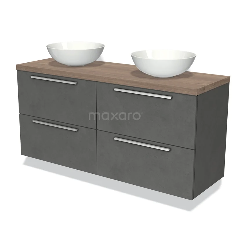 Grijze badkamermeubelset met houten blad, dubbele waskommen en metalen handgrepen, ideaal voor moderne badkamerinrichting.