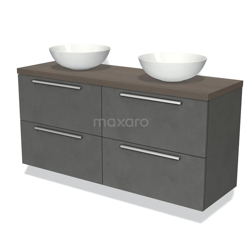 Modulo Plato Vanity units for countertop basin | 140 cm Dark grey concrete Flat front Dark brown oak worktop 4 drawers BMK18-00943