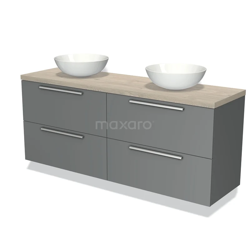 Grijze badkamermeubelset met dubbele wastafel, houten blad en moderne afwerking, ideaal voor een strak badkamerinterieur.