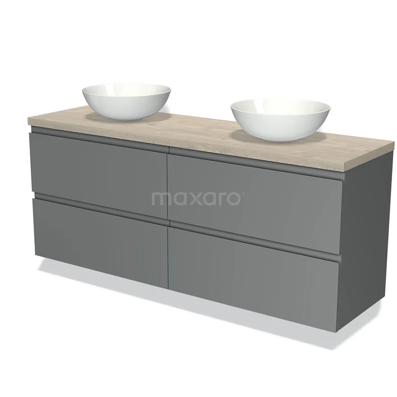 Grijze dubbele wastafelmeubel met houten blad en witte waskommen, ideaal als moderne toevoeging aan de badkamerinrichting.