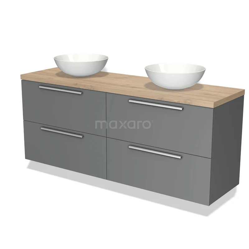 Grijze houten badkamermeubelset met dubbele waskom en bergruimte, modern design, ideaal voor een stijlvolle badkamer.