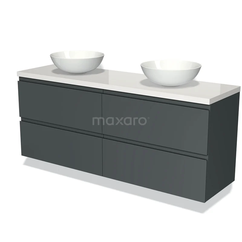 Badmöbel für Waschtischunterschrank mit Konsole 160cm Modulo Plato Dunkelgrau 4 Schubladen Grifflos Hochglanz Weiß Platte BMK18-01017 Dunkelgraues Doppelwaschbeckenmöbel mit weißen Schalen, minimalistisches Design, ideal für einen modernen Badezimmerstil.