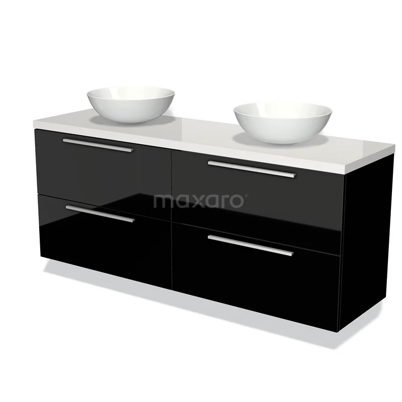 Badmöbel für Waschtischunterschrank mit Konsole 160cm Modulo Plato Hochglanz Schwarz 4 Schubladen Flach Hochglanz Weiß Platte BMK18-01033 Schwarz-weiße Badmöbel mit Doppelwaschbecken, glänzendem Front und modernen Metallhaltegriffen, ideal für ein stilvolles Badezimmer.